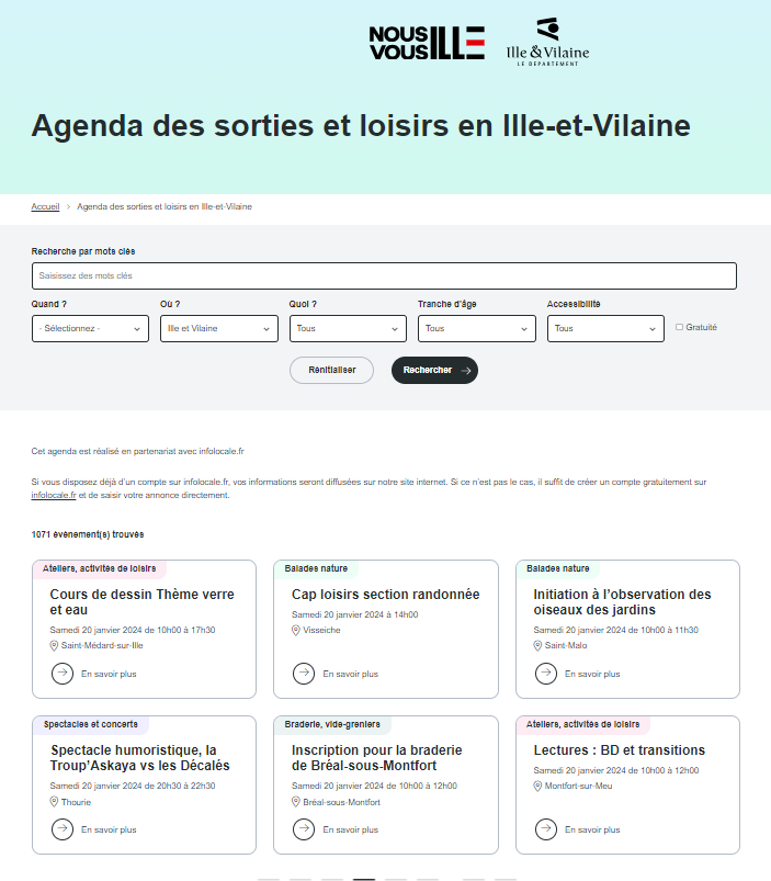 Capture d’écran de l’agenda "Nous-Vous-Ille". L'interface présente une barre de recherche multicritères permettant de filtrer les sorties par mots-clés, thématiques, zones géographiques et tranches d'âge. En dessous, une liste d'événements illustre la variété des loisirs proposés sur le territoire bretillien.