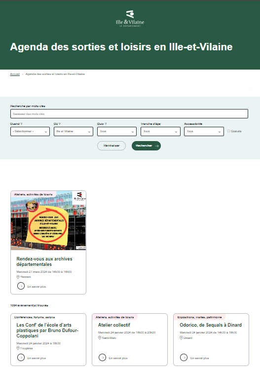 Capture d’écran de l’agenda du site des Archives départementales d'Ille-et-Vilaine. On y voit une sélection d'événements spécialisés dans le patrimoine, l'histoire locale et les expositions. L'interface montre comment les filtres Infolocale permettent d'isoler uniquement les sorties culturelles liées à la mémoire du territoire.