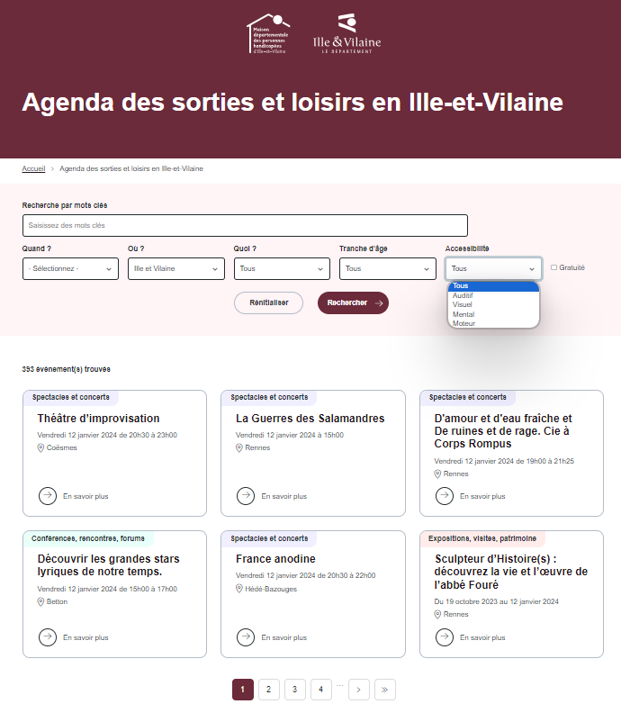 Aperçu de l'agenda sur le site de la MDPH 35. L'image met en avant un moteur de recherche dédié aux événements accessibles. Les résultats affichent des sorties culturelles et sportives garantissant un accueil adapté aux personnes en situation de handicap, soulignant l'engagement du département pour l'inclusion.